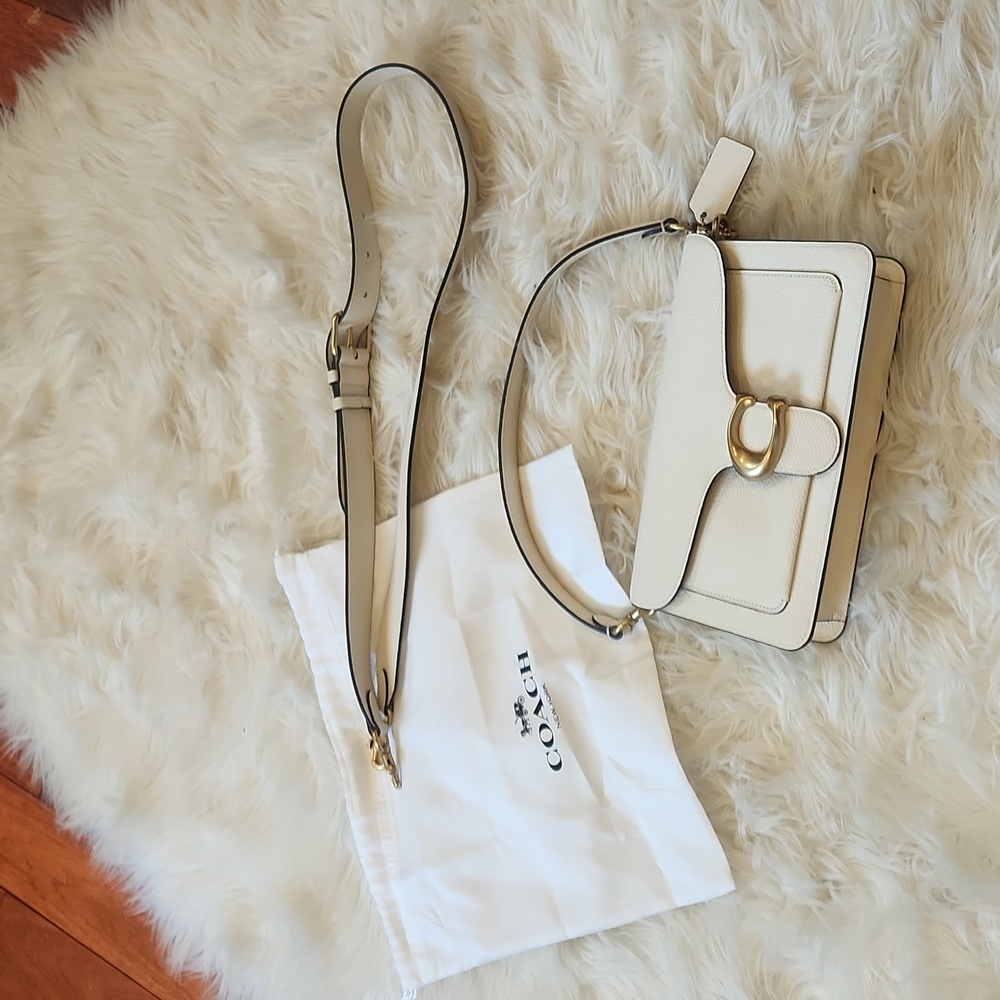 COACH Logo Closure Pebbled Leather Shoulder Bag in white/chalk/brass - Picture 10 of 17